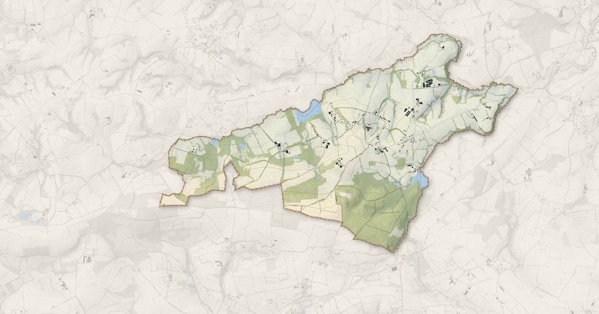 Portrait cartographique de Saint-Bihy : relief, eau, forêts, bâti et voies, calculés à partir des données de l'IGN