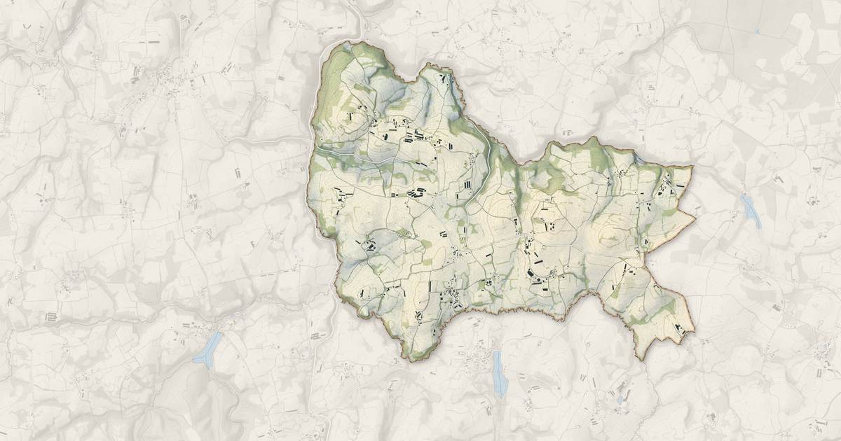 Portrait cartographique de Senven-Léhart : relief, eau, forêts, bâti et voies, calculés à partir des données de l'IGN