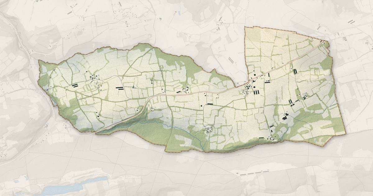 Portrait cartographique de Tréogan : relief, eau, forêts, bâti et voies, calculés à partir des données de l'IGN