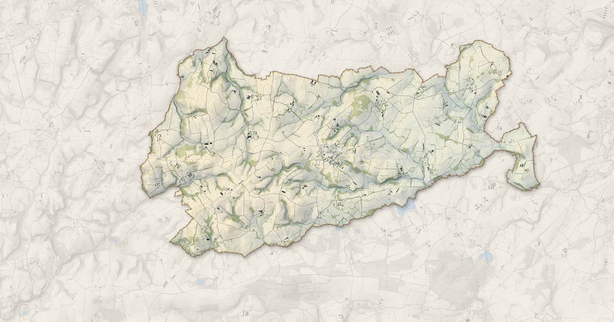 Portrait cartographique de Le Vieux-Bourg : relief, eau, forêts, bâti et voies, calculés à partir des données de l'IGN