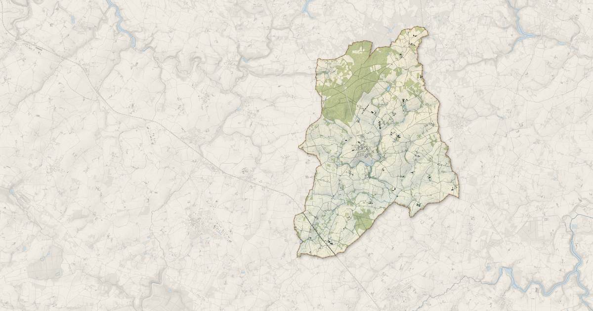 Portrait cartographique de Yvignac-la-Tour : relief, eau, forêts, bâti et voies, calculés à partir des données de l'IGN