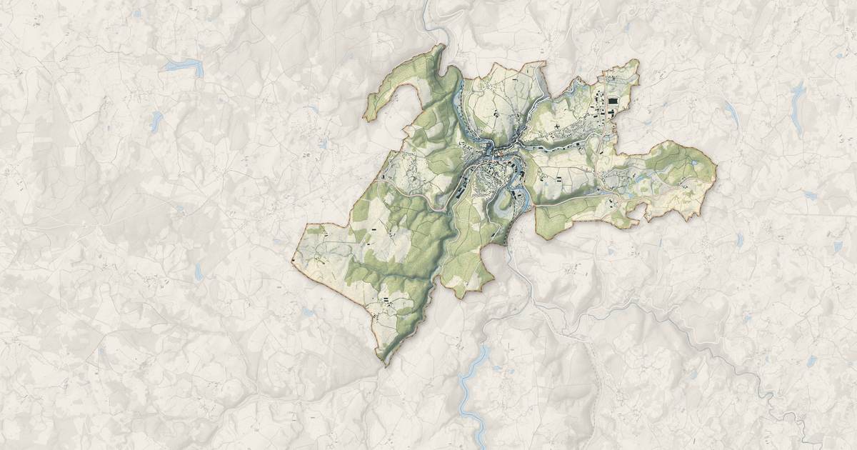 Portrait cartographique de Aubusson : relief, eau, forêts, bâti et voies, calculés à partir des données de l'IGN