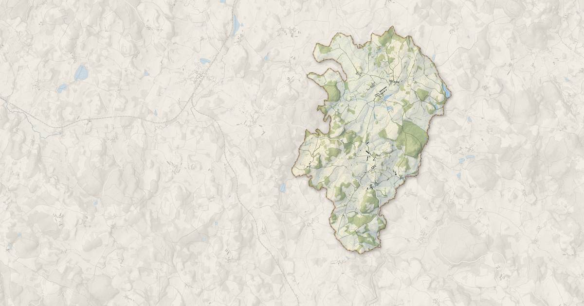 Portrait cartographique de Augères : relief, eau, forêts, bâti et voies, calculés à partir des données de l'IGN