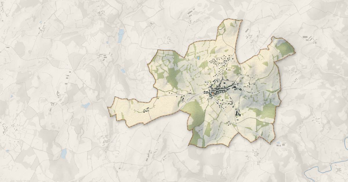 Portrait cartographique de Bellegarde-en-Marche : relief, eau, forêts, bâti et voies, calculés à partir des données de l'IGN