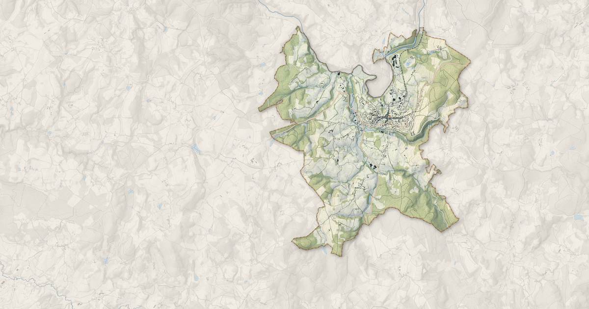 Portrait cartographique de Bourganeuf : relief, eau, forêts, bâti et voies, calculés à partir des données de l'IGN