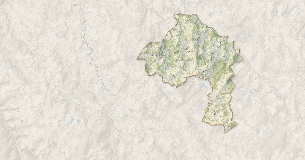 Portrait cartographique de Saint-Pardoux-d'Arnet : relief, eau, forêts, bâti et voies, calculés à partir des données de l'IGN