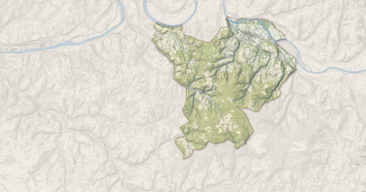 Portrait cartographique de Le Buisson-de-Cadouin : relief, eau, forêts, bâti et voies, calculés à partir des données de l'IGN