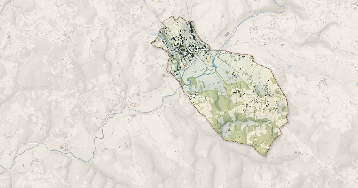 Portrait cartographique de Excideuil : relief, eau, forêts, bâti et voies, calculés à partir des données de l'IGN