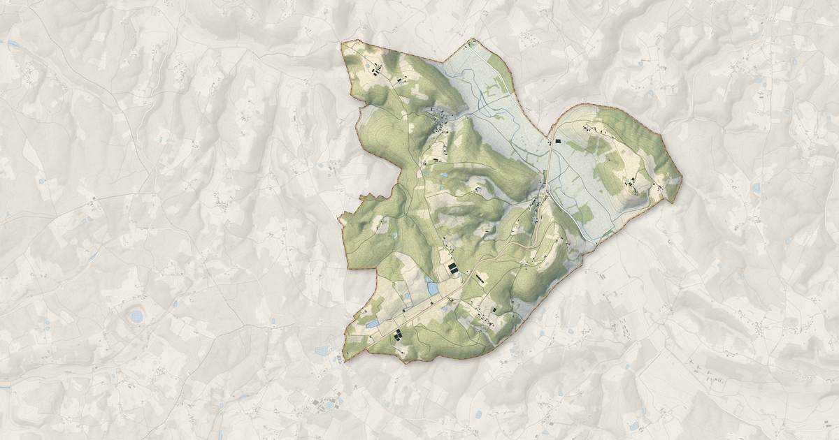 Portrait cartographique de Grun-Bordas : relief, eau, forêts, bâti et voies, calculés à partir des données de l'IGN