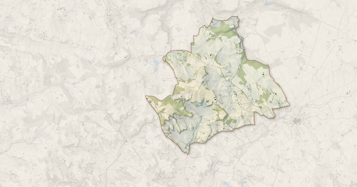 Portrait cartographique de Monsaguel : relief, eau, forêts, bâti et voies, calculés à partir des données de l'IGN