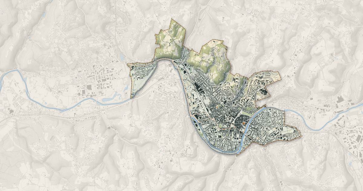 Portrait cartographique de Périgueux : relief, eau, forêts, bâti et voies, calculés à partir des données de l'IGN