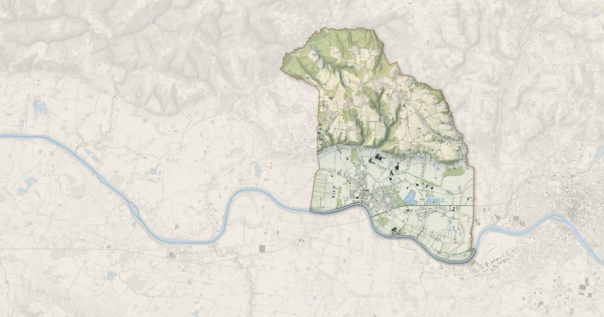 Portrait cartographique de Prigonrieux : relief, eau, forêts, bâti et voies, calculés à partir des données de l'IGN