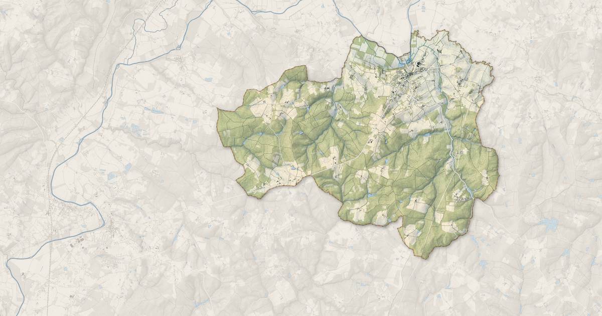 Portrait cartographique de Saint Aulaye-Puymangou : relief, eau, forêts, bâti et voies, calculés à partir des données de l'IGN