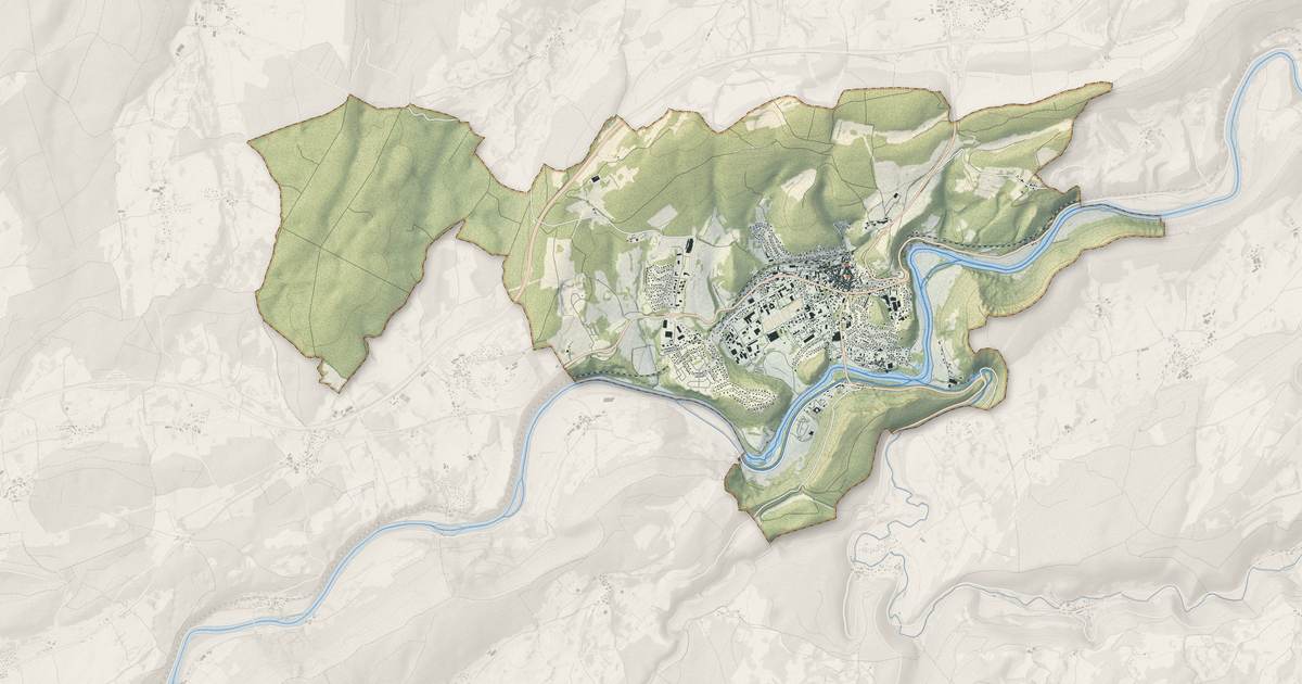 Portrait cartographique de Baume-les-Dames : relief, eau, forêts, bâti et voies, calculés à partir des données de l'IGN