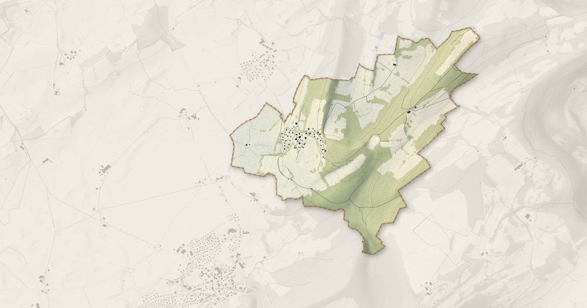 Portrait cartographique de Belfays : relief, eau, forêts, bâti et voies, calculés à partir des données de l'IGN