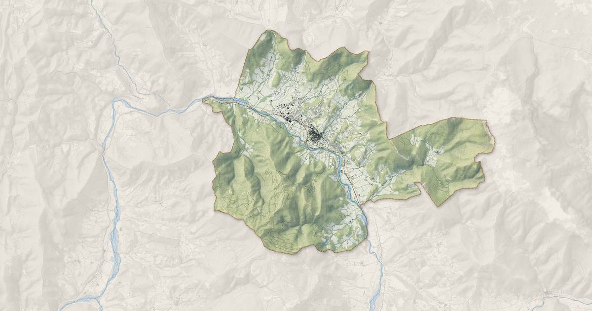 Portrait cartographique de Die : relief, eau, forêts, bâti et voies, calculés à partir des données de l'IGN