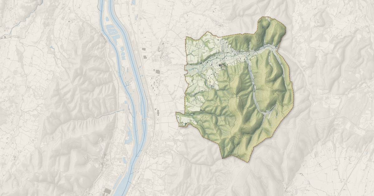 Portrait cartographique de Mirmande : relief, eau, forêts, bâti et voies, calculés à partir des données de l'IGN