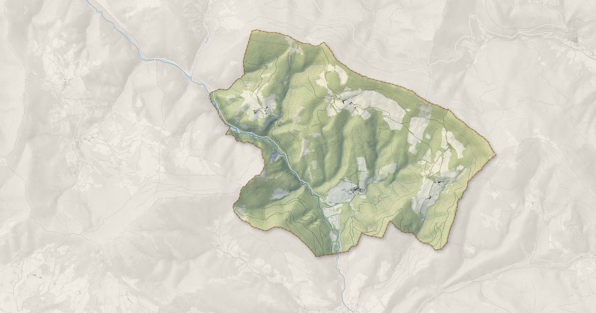 Portrait cartographique de Les Prés : relief, eau, forêts, bâti et voies, calculés à partir des données de l'IGN