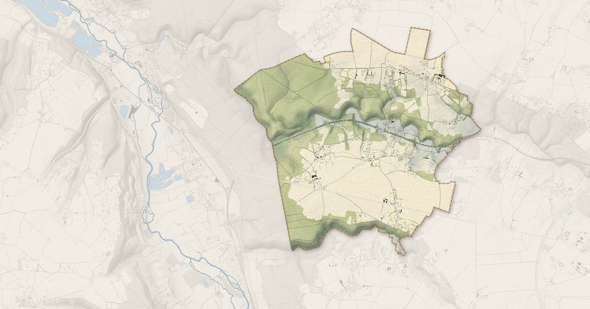 Portrait cartographique de Écaquelon : relief, eau, forêts, bâti et voies, calculés à partir des données de l'IGN