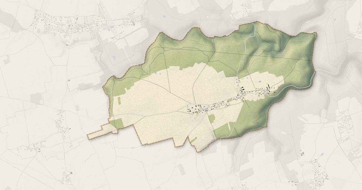Portrait cartographique de Feuguerolles : relief, eau, forêts, bâti et voies, calculés à partir des données de l'IGN