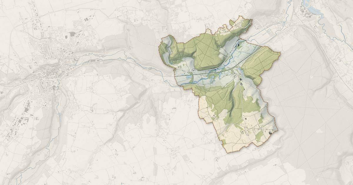 Portrait cartographique de Fontaine-l'Abbé : relief, eau, forêts, bâti et voies, calculés à partir des données de l'IGN