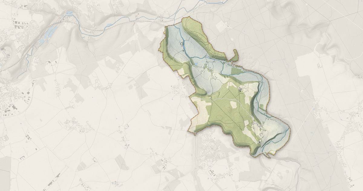 Portrait cartographique de Gaudreville-la-Rivière : relief, eau, forêts, bâti et voies, calculés à partir des données de l'IGN