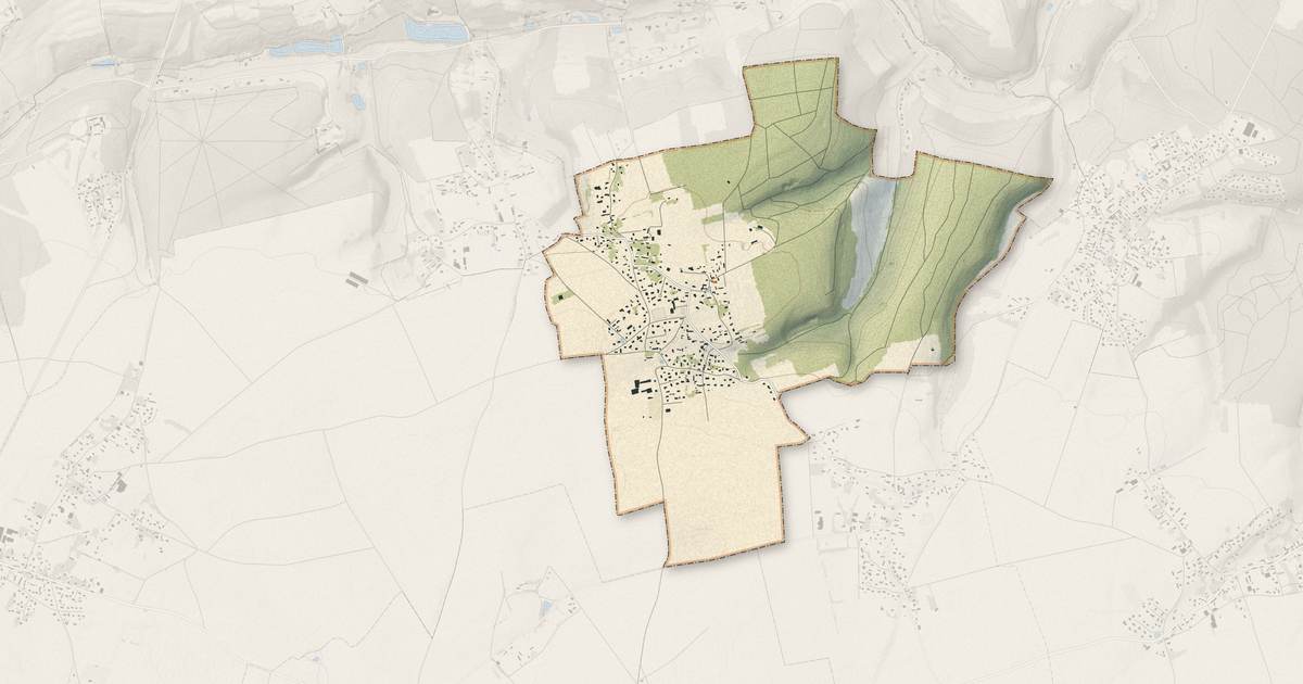 Portrait cartographique de La Harengère : relief, eau, forêts, bâti et voies, calculés à partir des données de l'IGN