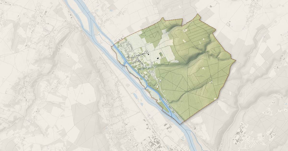 Portrait cartographique de Pressagny-l'Orgueilleux : relief, eau, forêts, bâti et voies, calculés à partir des données de l'IGN