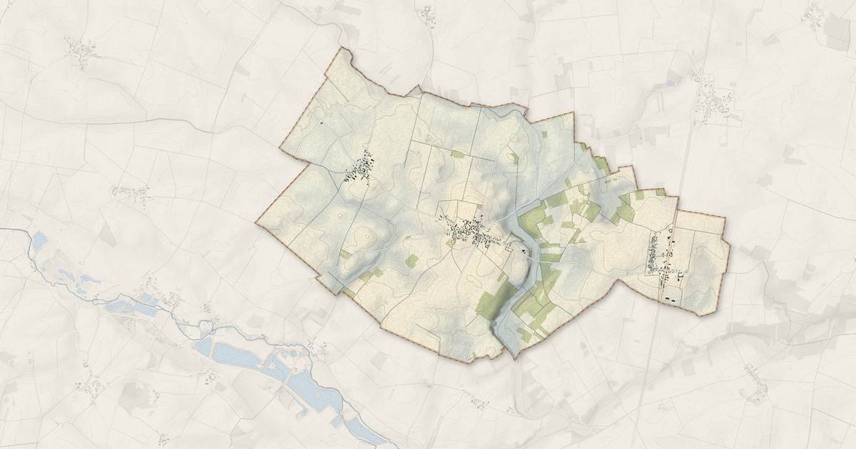 Portrait cartographique de Bouville : relief, eau, forêts, bâti et voies, calculés à partir des données de l'IGN
