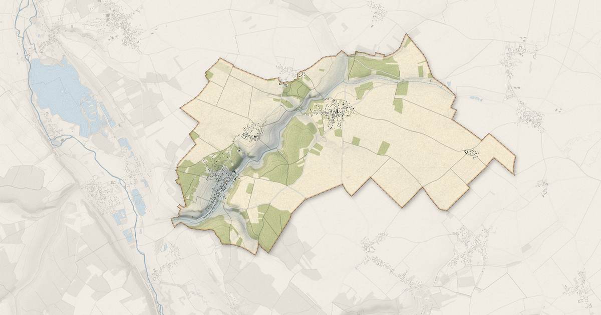 Portrait cartographique de Ouerre : relief, eau, forêts, bâti et voies, calculés à partir des données de l'IGN
