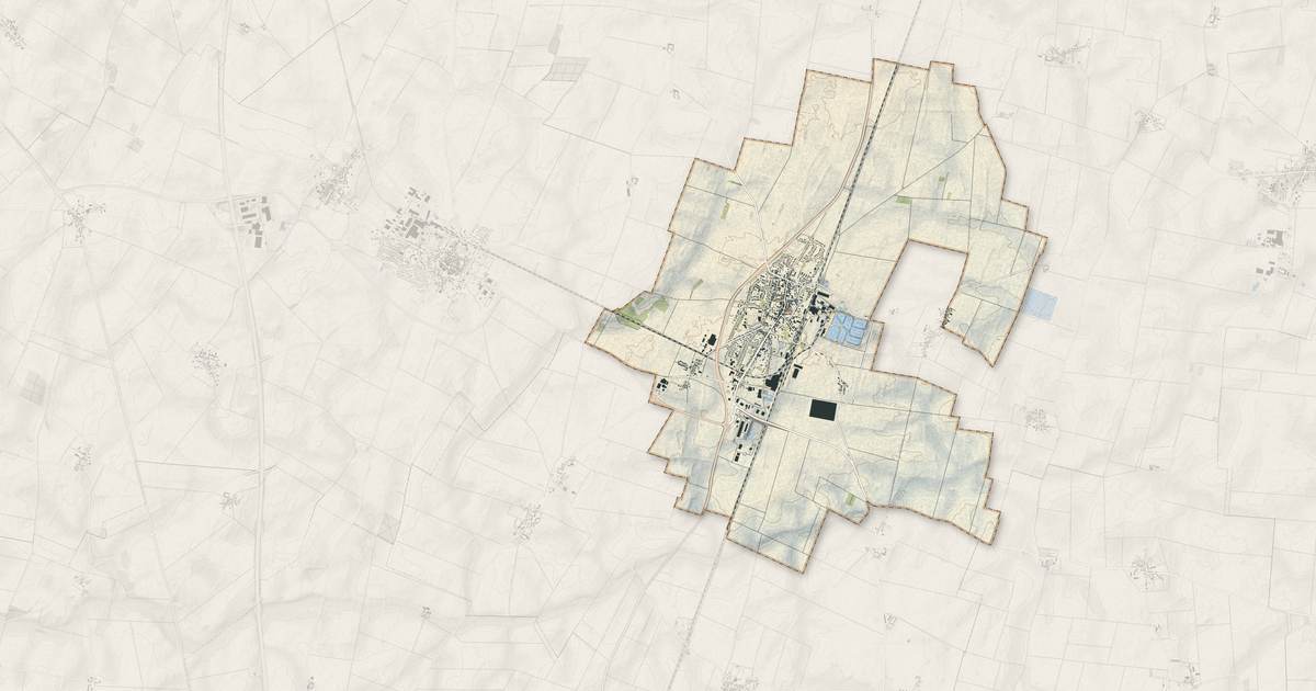 Portrait cartographique de Toury : relief, eau, forêts, bâti et voies, calculés à partir des données de l'IGN