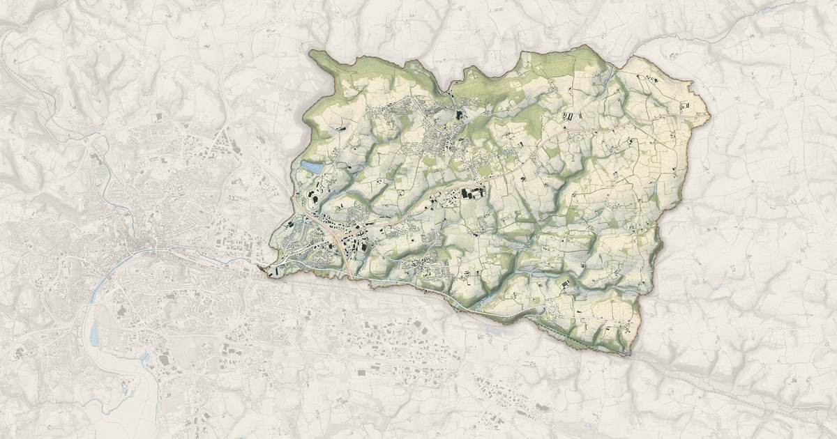 Portrait cartographique de Ergué-Gabéric : relief, eau, forêts, bâti et voies, calculés à partir des données de l'IGN