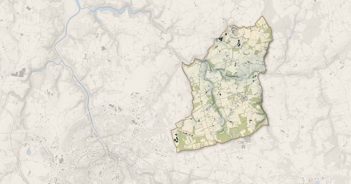 Portrait cartographique de Garlan : relief, eau, forêts, bâti et voies, calculés à partir des données de l'IGN