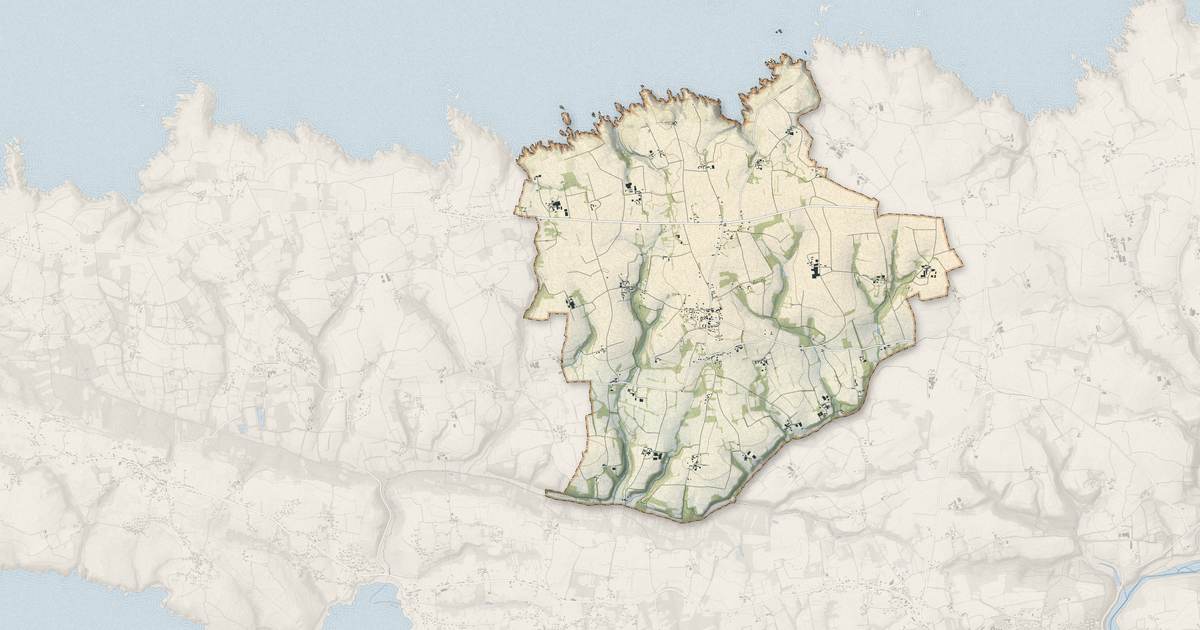 Portrait cartographique de Goulien : relief, eau, forêts, bâti et voies, calculés à partir des données de l'IGN