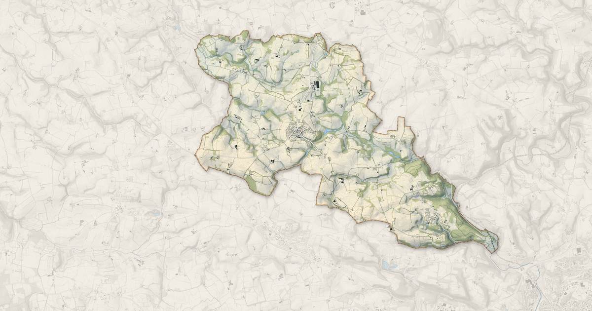 Portrait cartographique de Guengat : relief, eau, forêts, bâti et voies, calculés à partir des données de l'IGN