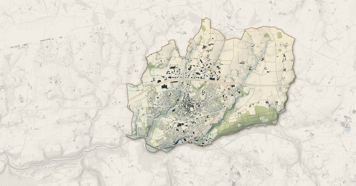Portrait cartographique de Landivisiau : relief, eau, forêts, bâti et voies, calculés à partir des données de l'IGN
