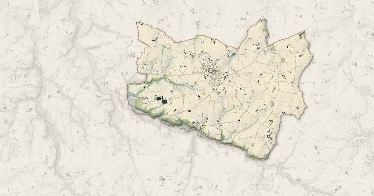 Portrait cartographique de Lanhouarneau : relief, eau, forêts, bâti et voies, calculés à partir des données de l'IGN