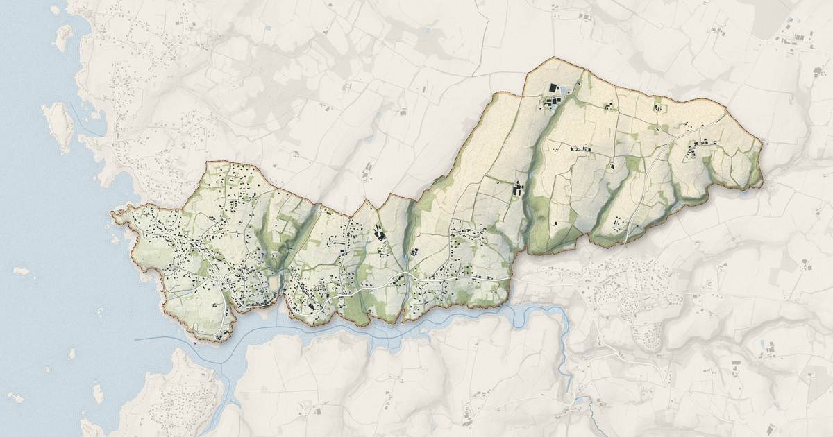 Portrait cartographique de Lanildut : relief, eau, forêts, bâti et voies, calculés à partir des données de l'IGN