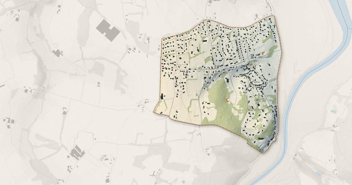 Portrait cartographique de Locquénolé : relief, eau, forêts, bâti et voies, calculés à partir des données de l'IGN