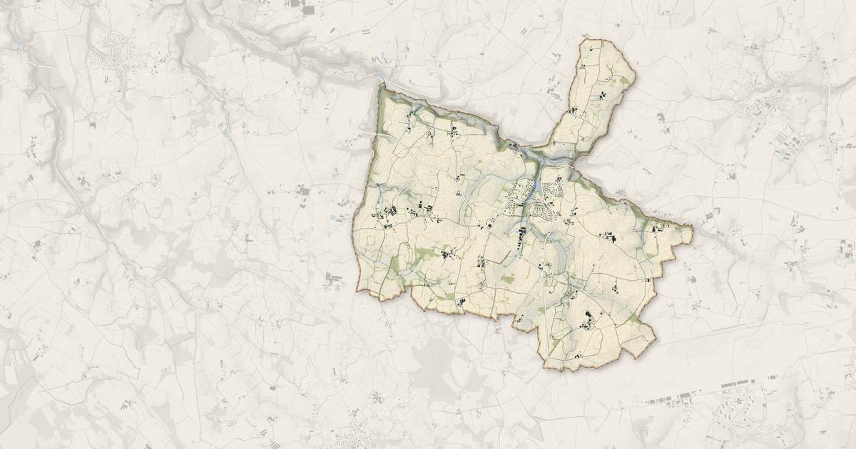 Portrait cartographique de Saint-Derrien : relief, eau, forêts, bâti et voies, calculés à partir des données de l'IGN