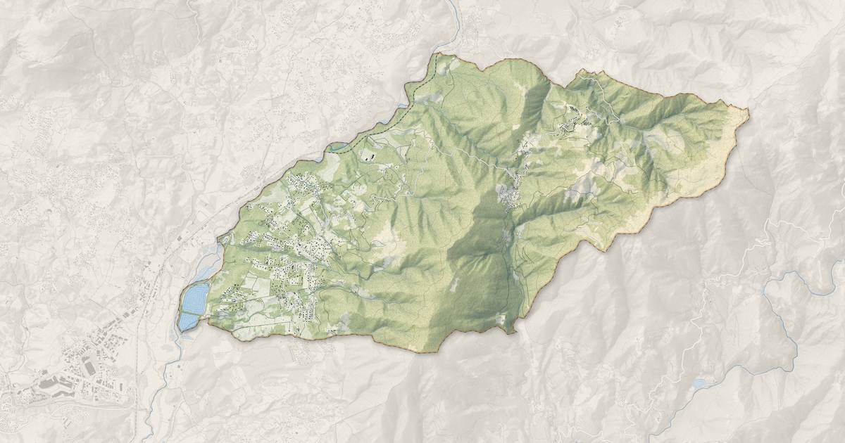 Portrait cartographique de Cuttoli-Corticchiato : relief, eau, forêts, bâti et voies, calculés à partir des données de l'IGN