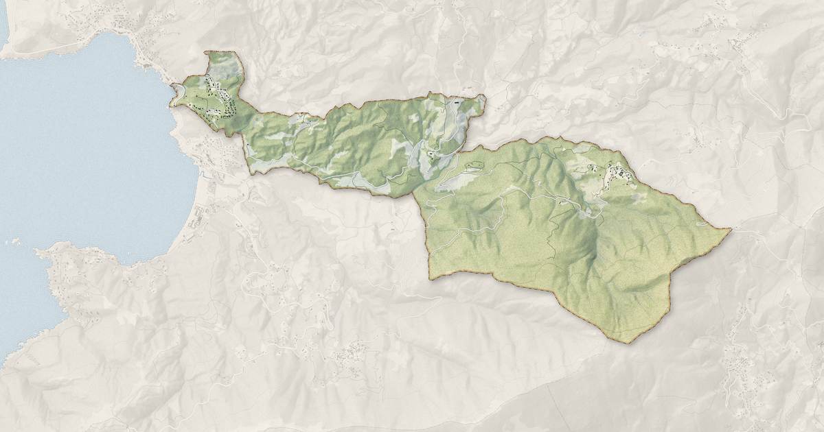 Portrait cartographique de Sant'Andréa-d'Orcino : relief, eau, forêts, bâti et voies, calculés à partir des données de l'IGN