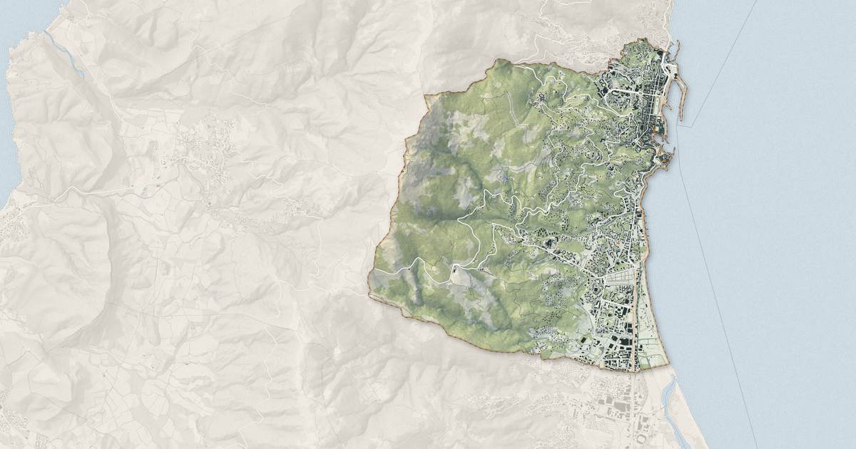 Portrait cartographique de Bastia : relief, eau, forêts, bâti et voies, calculés à partir des données de l'IGN