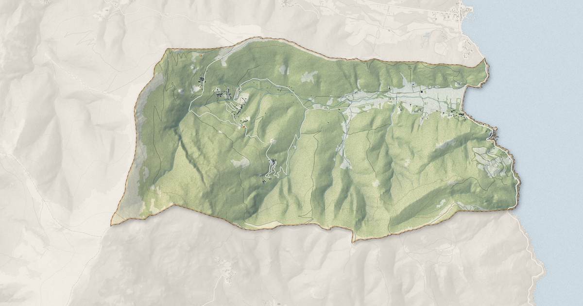 Portrait cartographique de Cagnano : relief, eau, forêts, bâti et voies, calculés à partir des données de l'IGN
