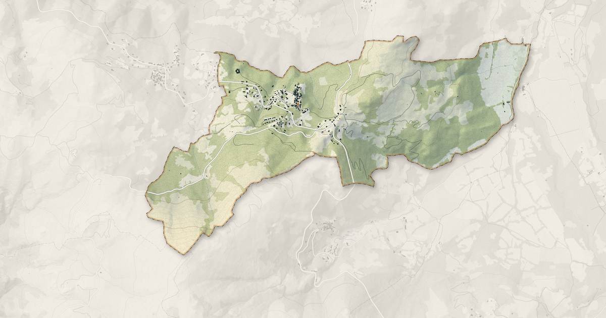 Portrait cartographique de Cateri : relief, eau, forêts, bâti et voies, calculés à partir des données de l'IGN