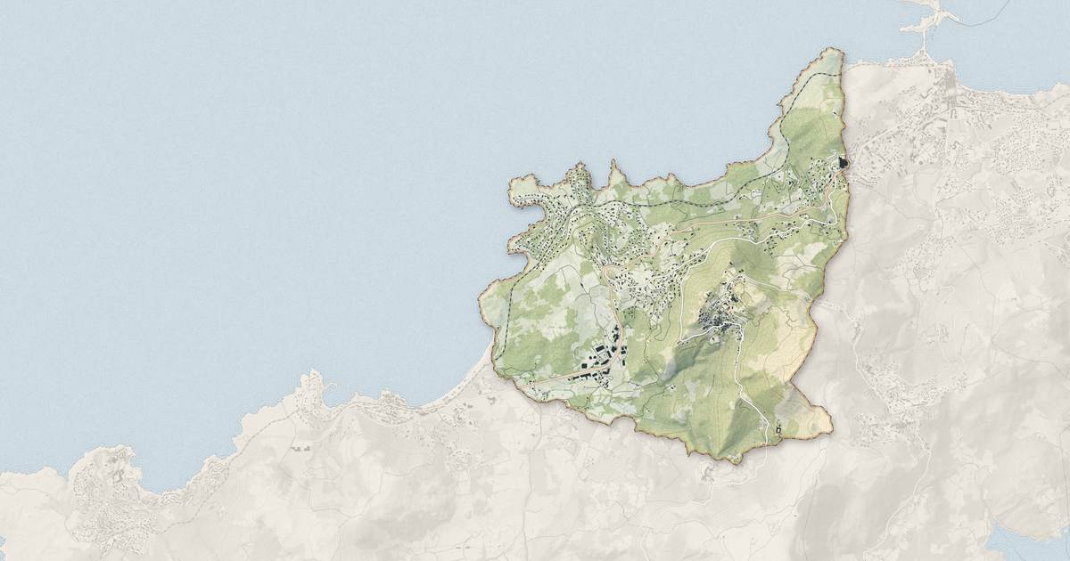 Portrait cartographique de Corbara : relief, eau, forêts, bâti et voies, calculés à partir des données de l'IGN