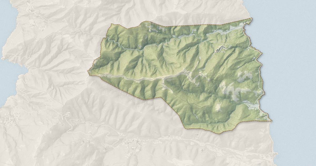 Portrait cartographique de Meria : relief, eau, forêts, bâti et voies, calculés à partir des données de l'IGN
