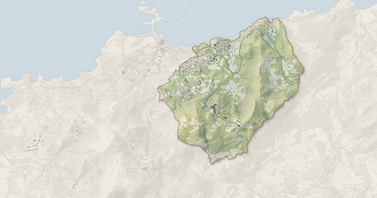 Portrait cartographique de Monticello : relief, eau, forêts, bâti et voies, calculés à partir des données de l'IGN
