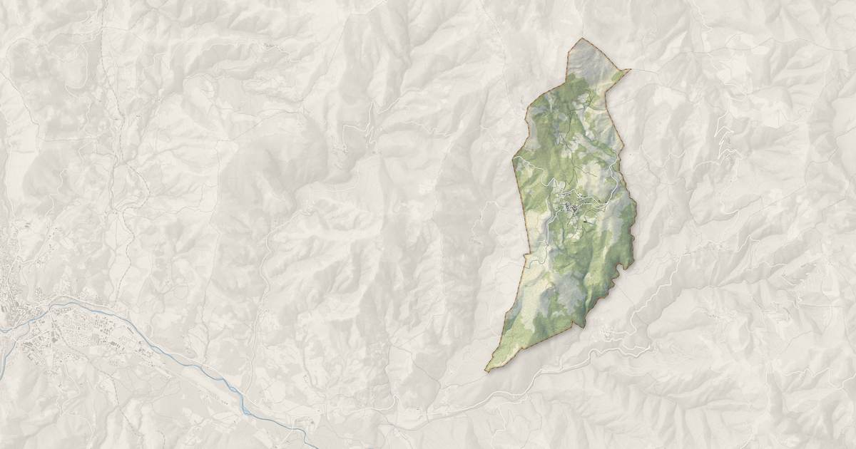 Portrait cartographique de Sermano : relief, eau, forêts, bâti et voies, calculés à partir des données de l'IGN