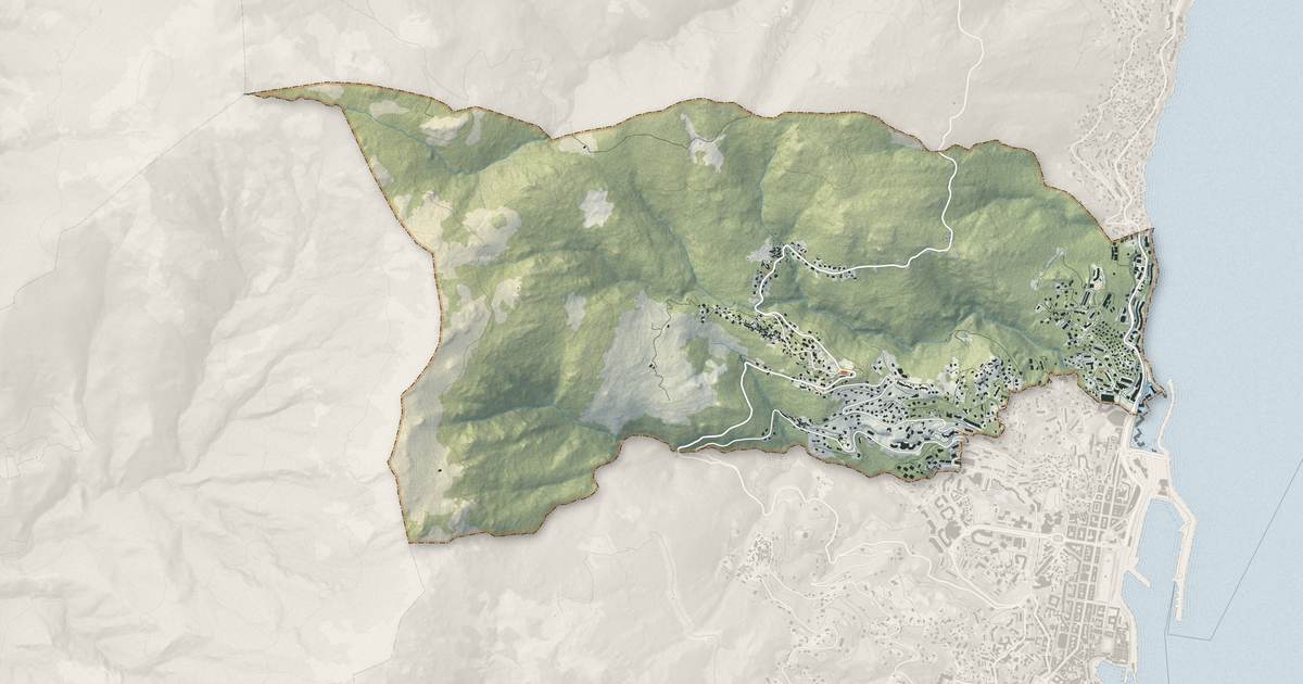 Portrait cartographique de Ville-di-Pietrabugno : relief, eau, forêts, bâti et voies, calculés à partir des données de l'IGN